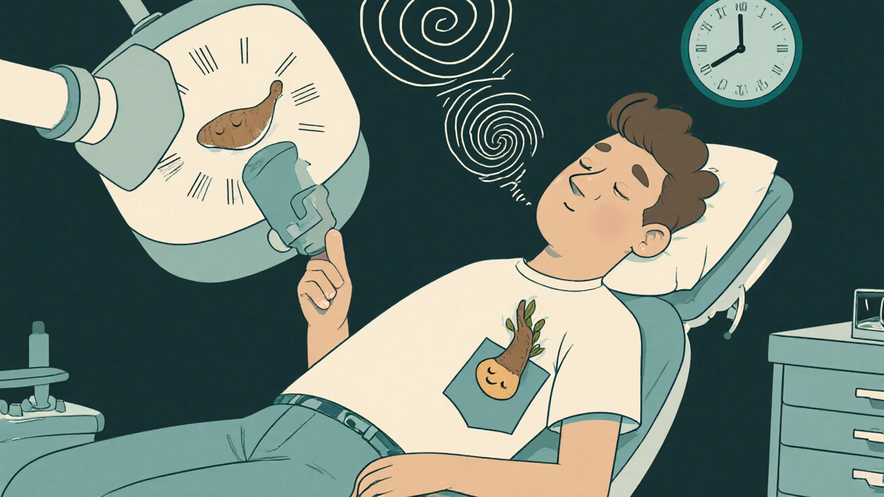 A patient on a dentist chair with valerian in pocket as their breathing fades into spirals.