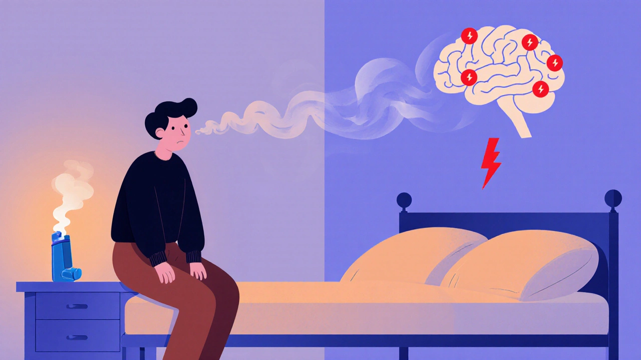 Bedroom scene with anxious person, inhaler mist reaching a brain silhouette.