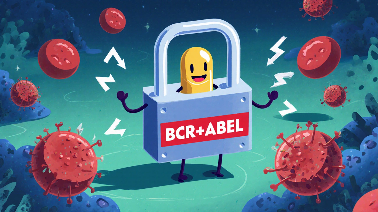 Cartoon Imatinib capsule plugging into a protein receptor, stopping signal arrows.