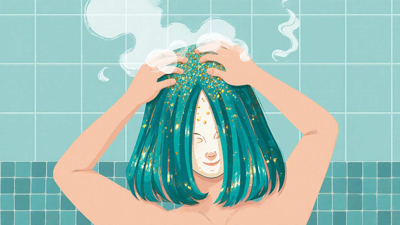 Cartoon person applying scalp mask, showing bright hair strands and magnesium hydroxide crystals.
