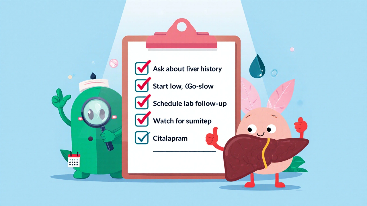 Checklist clipboard with liver and pill characters encouraging safe citalopram use.