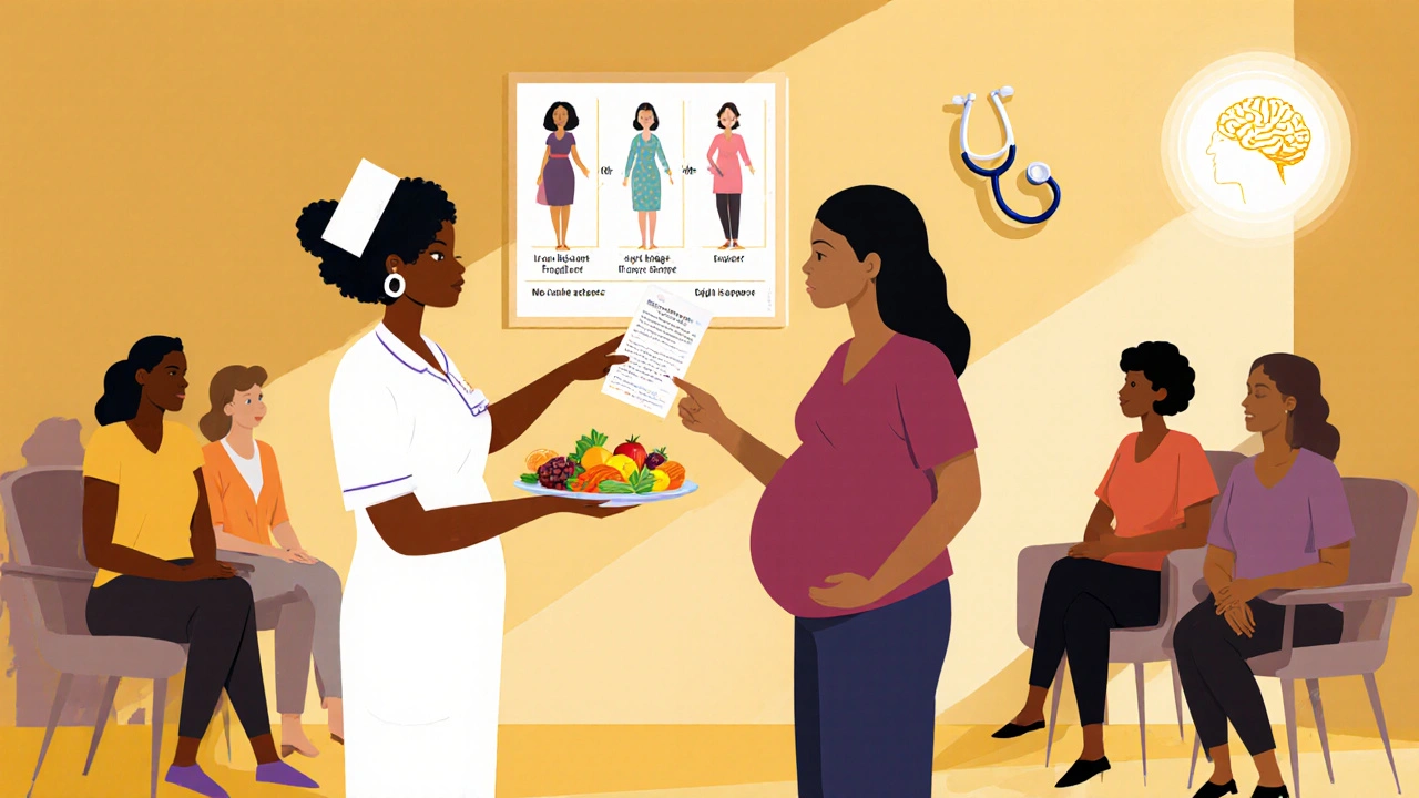 Clinic scene with nurse giving nutritious foods and Kegel guidance to a pregnant woman, supportive community around.