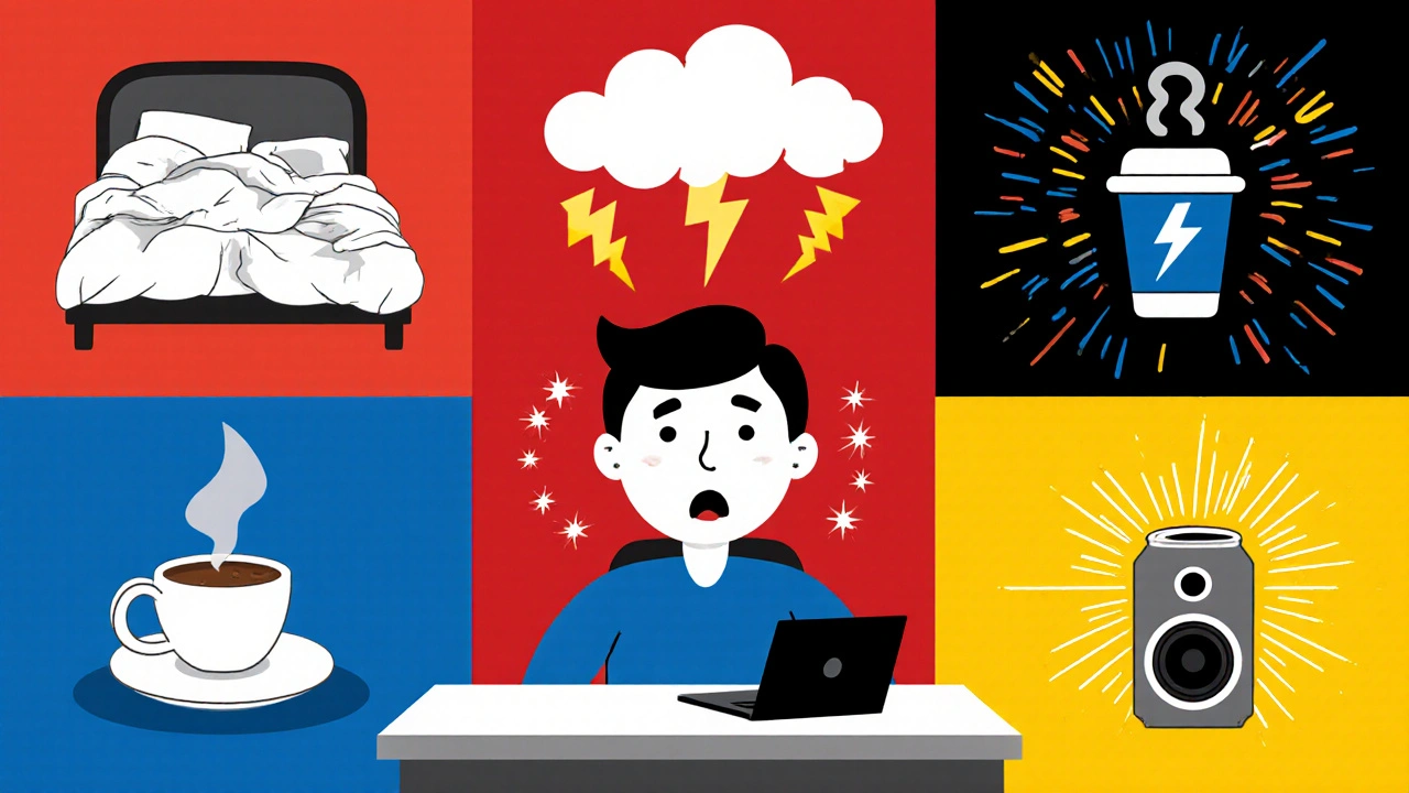 Collage of sleep loss, stress, caffeine, and flashing lights as seizure triggers around a person.