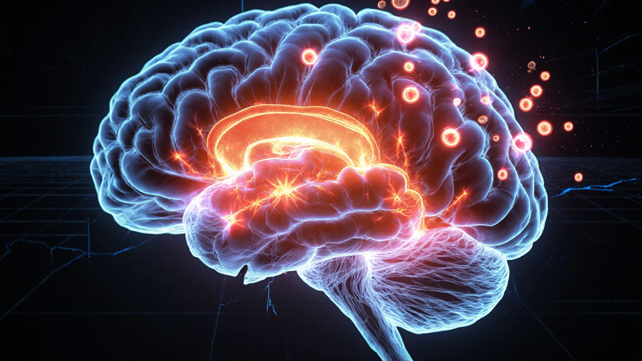 Cross-section brain highlighting inflamed cingulate and prefrontal regions with glowing microglia.