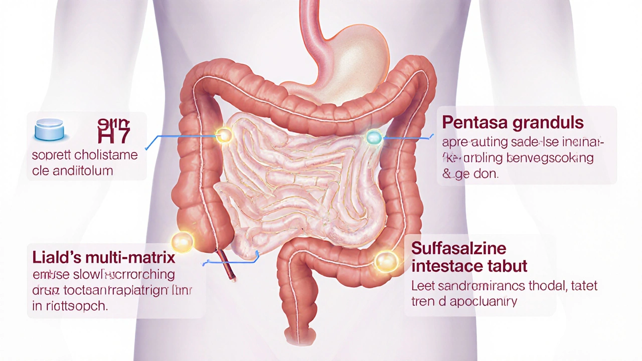 Cross‑section of GI tract showing where Asacol, Pentasa, Lialda, and sulfasalazine release.