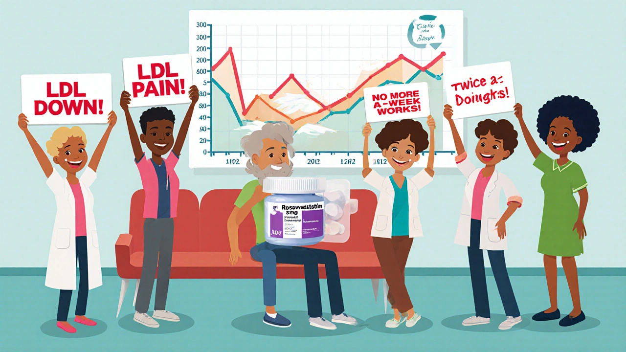 Diverse patients celebrating lowered cholesterol with pill bottle labeled 'rosuvastatin twice a week'.