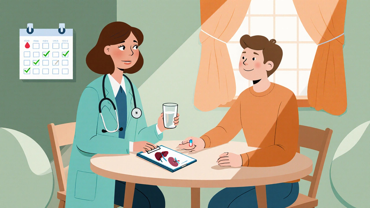 Doctor and patient at a kitchen table, patient with pill and water, clipboard icons nearby.