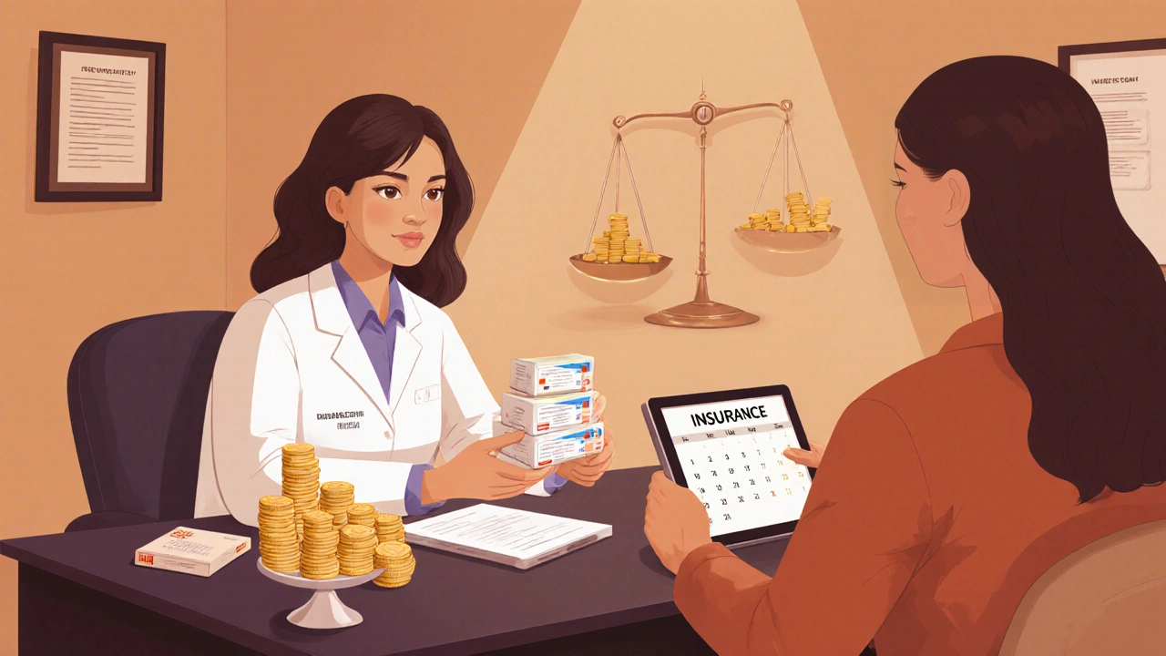 Doctor and patient discussing medication options with a cost‑vs‑effectiveness scale.