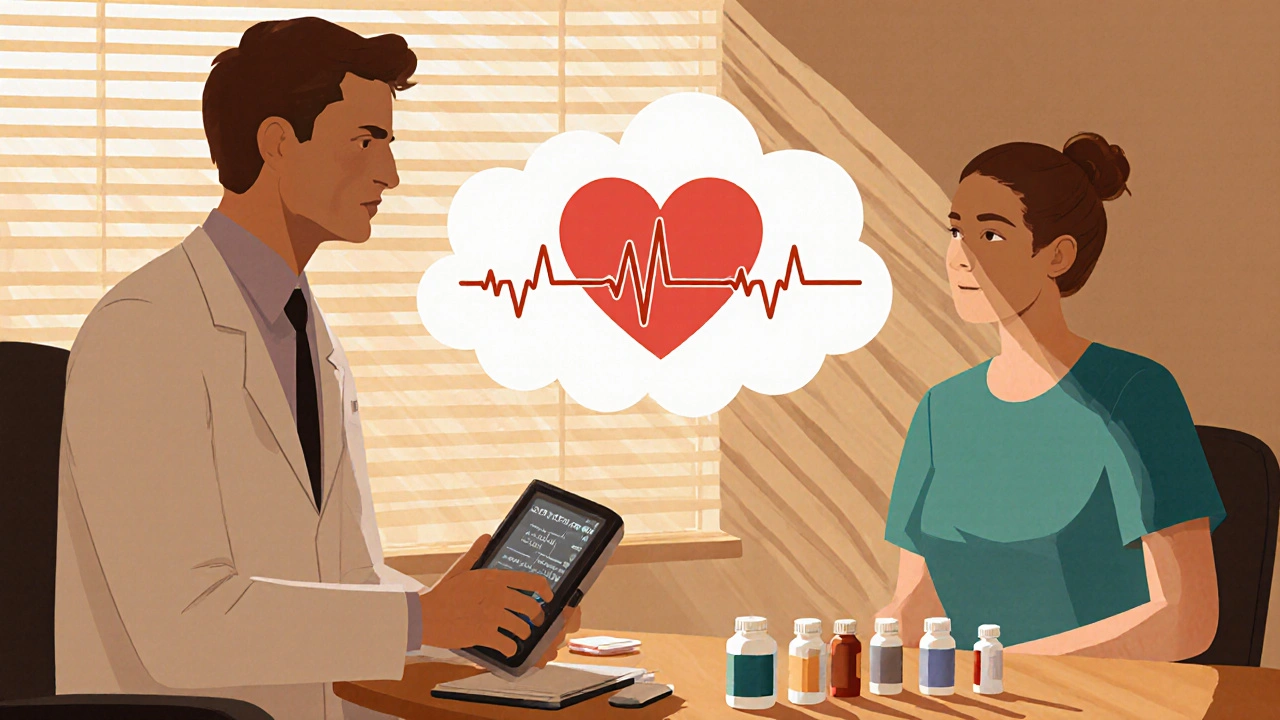 Doctor and patient discussing medication with ECG monitor and heart symbol.