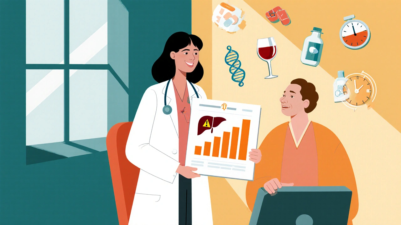 Doctor and patient reviewing a liver panel with icons for alcohol, genetics, drug interactions, and age.