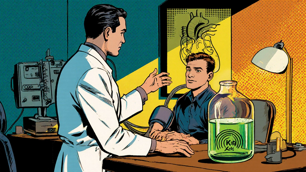 Doctor checking blood pressure while a glowing potassium vial signifies improved labs.