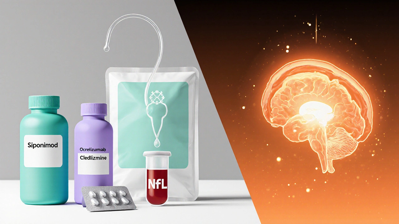 Flat illustration of MS medications beside blood test vial and MRI slice.