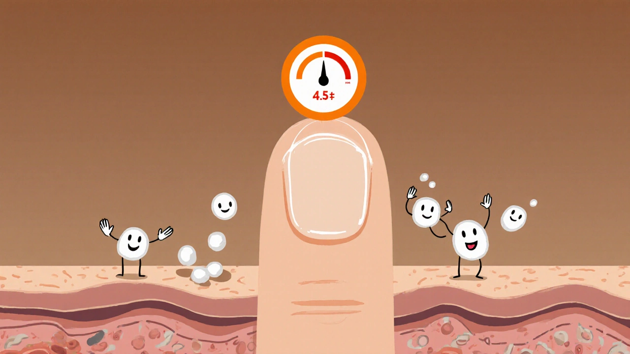 Flat illustration of skin layers with pH gauge balanced by magnesium hydroxide particles.