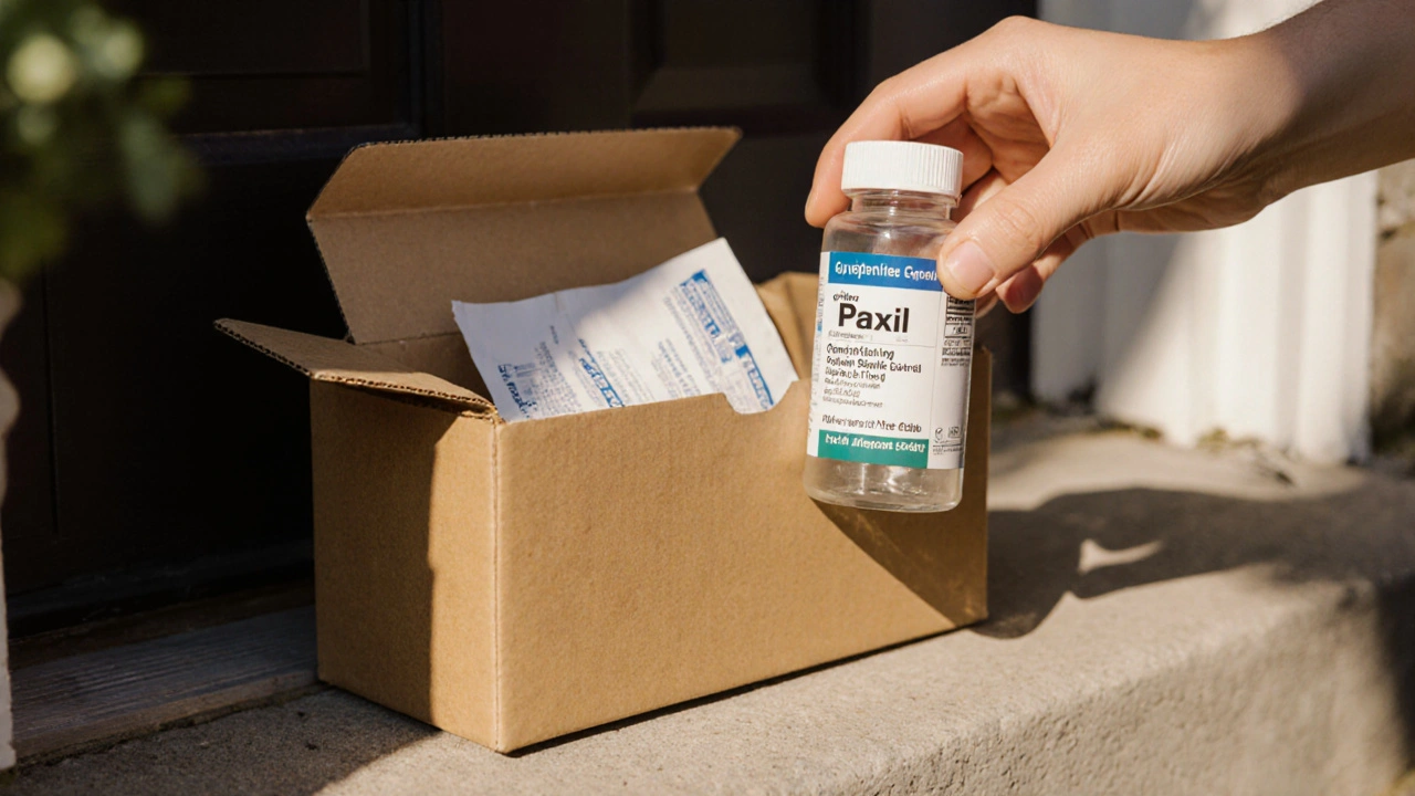 Hand examining a delivered generic Paxil bottle beside an opened parcel.