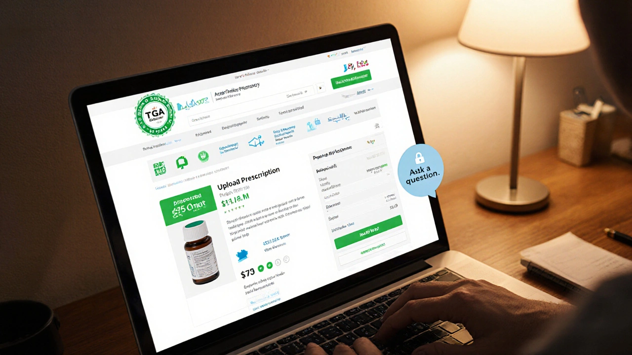 Laptop screen displaying a verified Australian pharmacy website with secure icons and pharmacist chat.