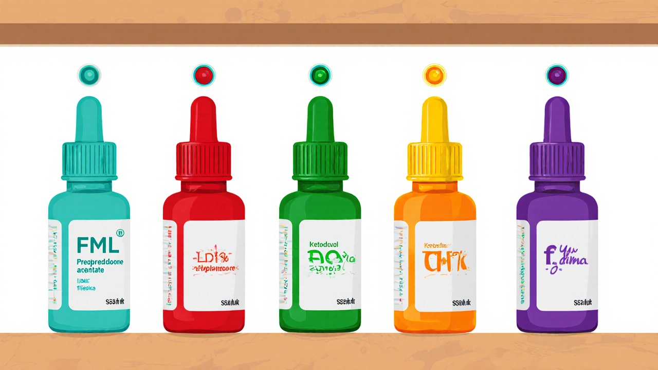 Lineup of six stylized eye‑drop bottles showing different drugs and IOP risk icons.