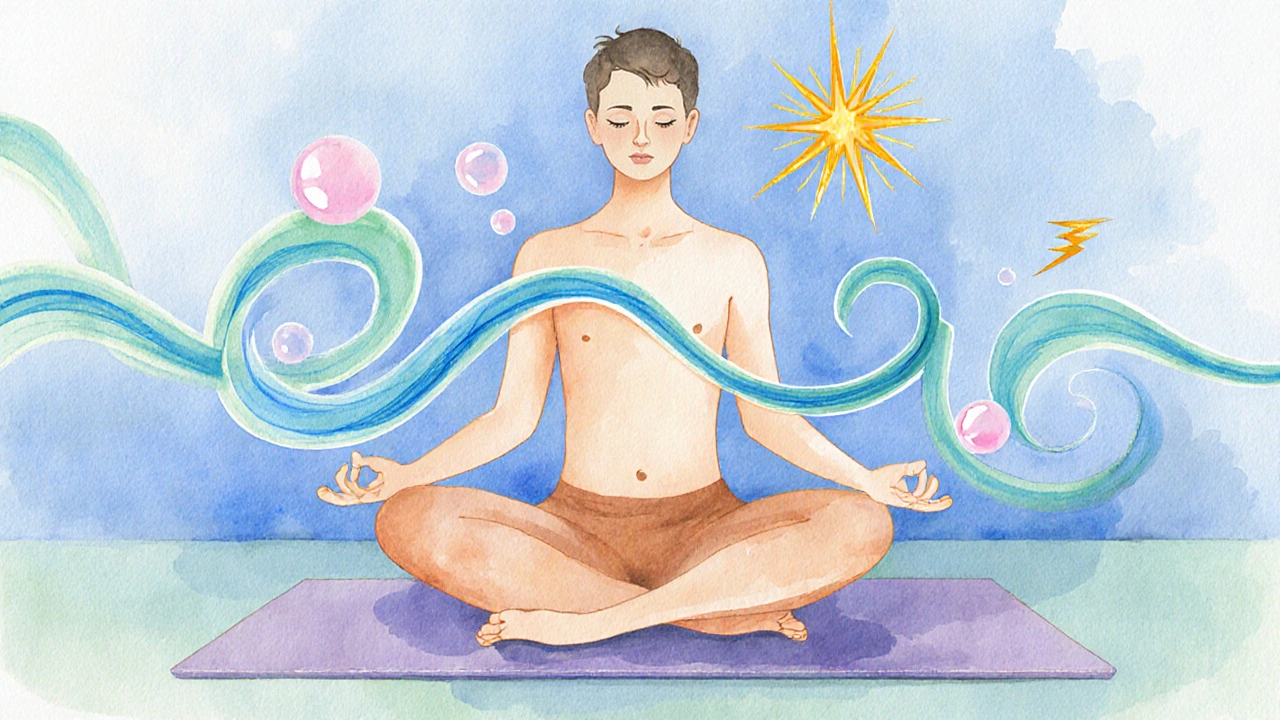 Meditative figure with visual airflow patterns for three breathing techniques.