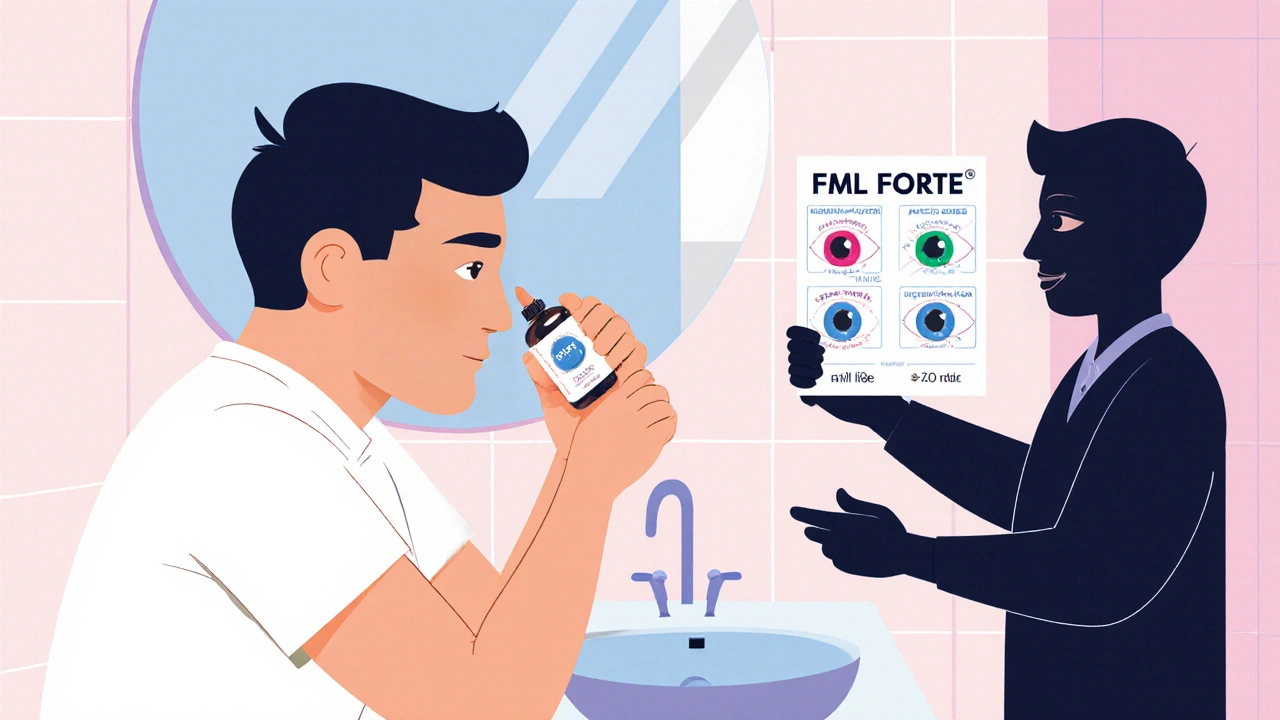 Patient applying an FML Forte drop under a doctor&#039;s guidance in a simple cartoon bathroom.