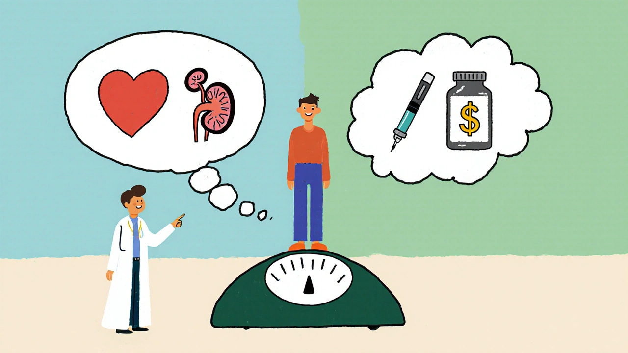 Patient on a scale with thought bubbles showing heart, kidney, cost and pill versus injection.