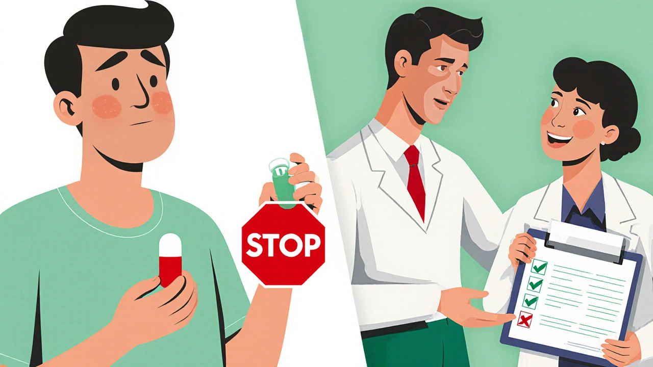 Patient torn between stopping medication versus continuing safely.