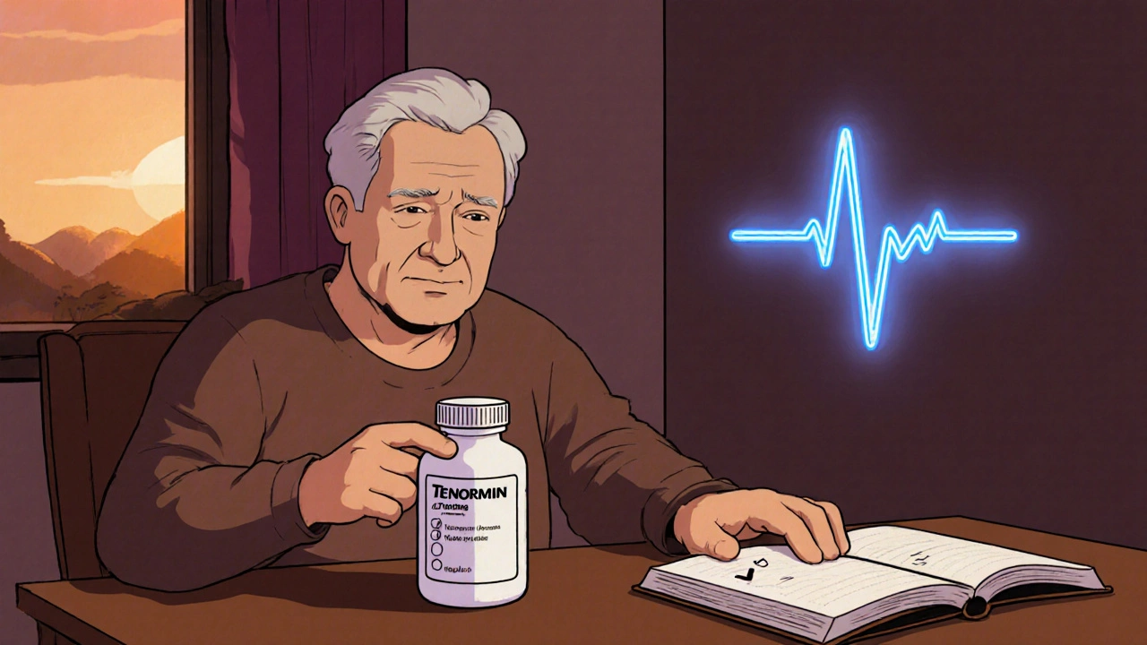 Patient transitions from atenolol to nebivolol at a kitchen table with diary and heart monitor.