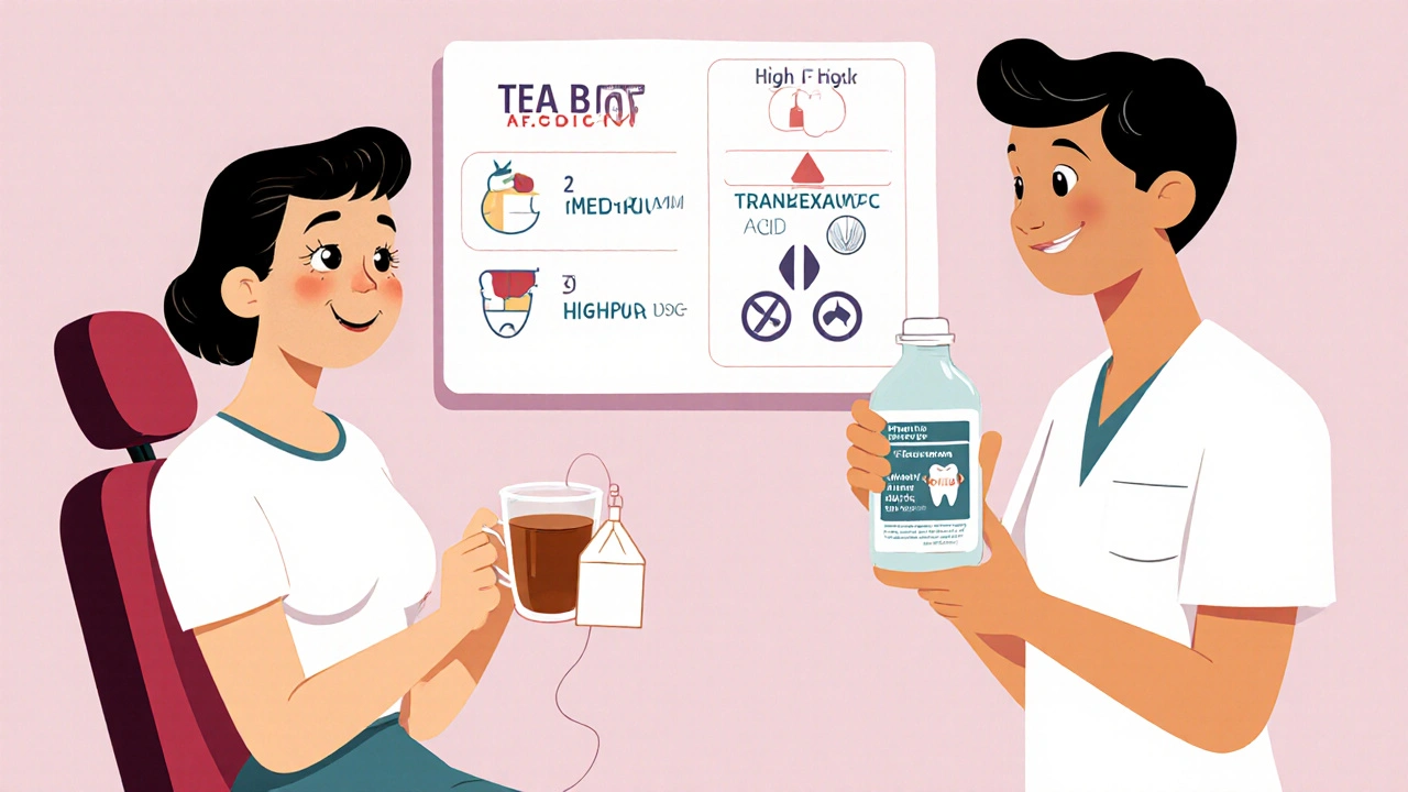 Patient using tea bag to stop bleeding with dentist offering special mouthwash.