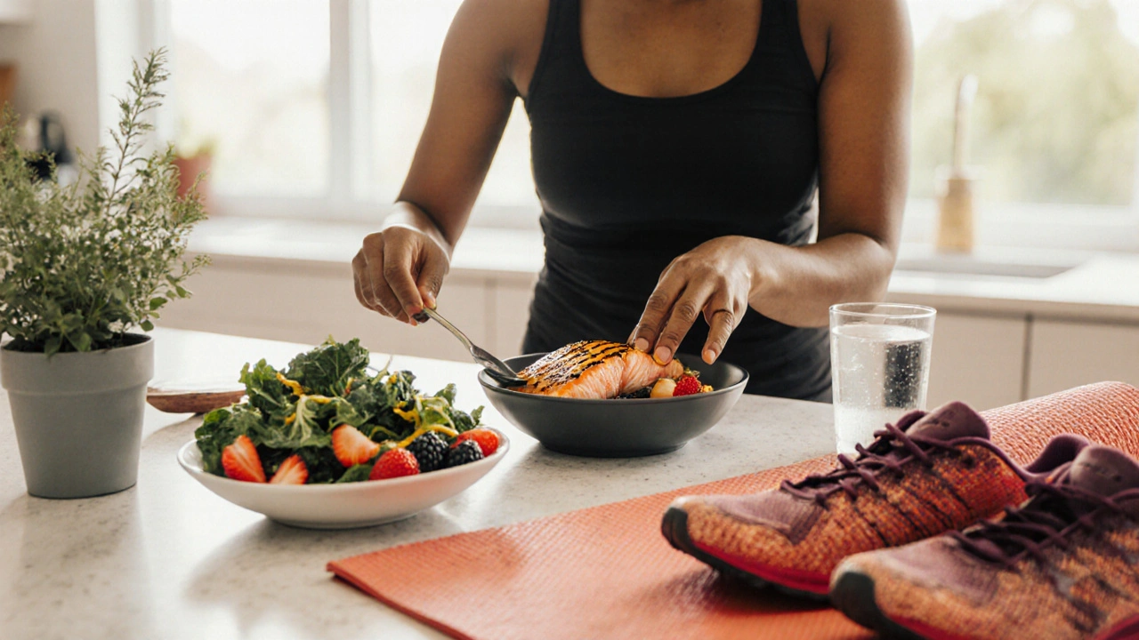 Person preparing a salmon, berry, and leafy‑green meal with running shoes and yoga mat nearby.