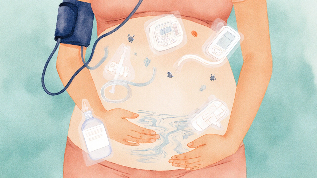 Pregnant torso with watercolor overlays of blood pressure cuff, glucose meter, iron pills, and pelvic‑floor icons.