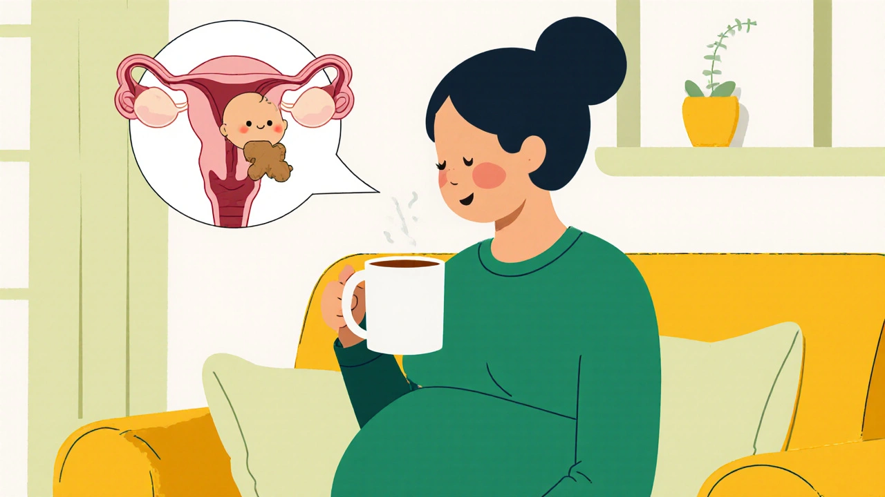 Pregnant woman at 20 weeks drinking ginger tea, baby head pressing on stomach.