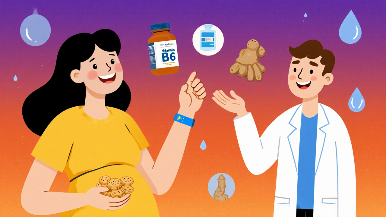Pregnant woman using crackers, wristband, B6 supplement, with supportive doctor.