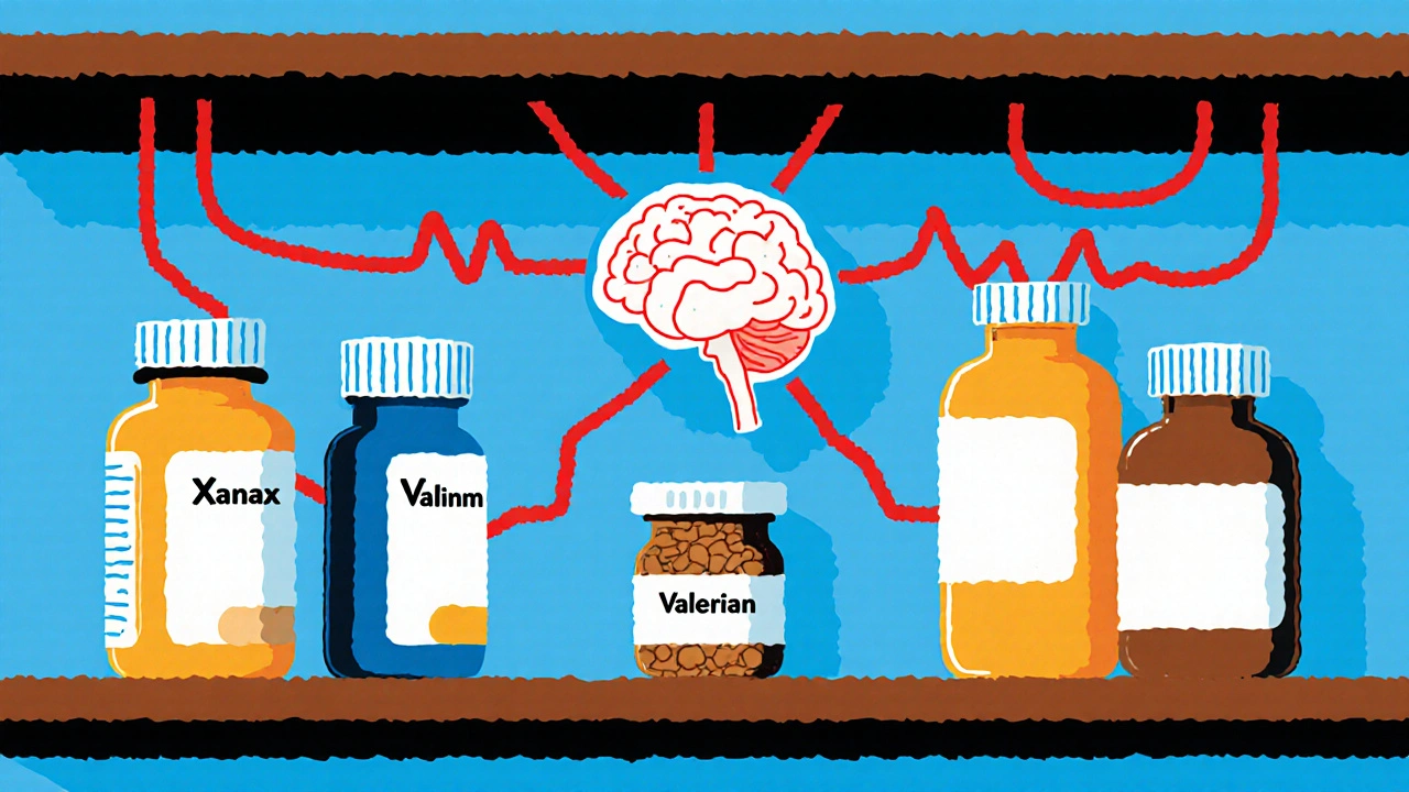 Prescription bottles and a valerian jar connected by red lines threatening a collapsing nervous system.