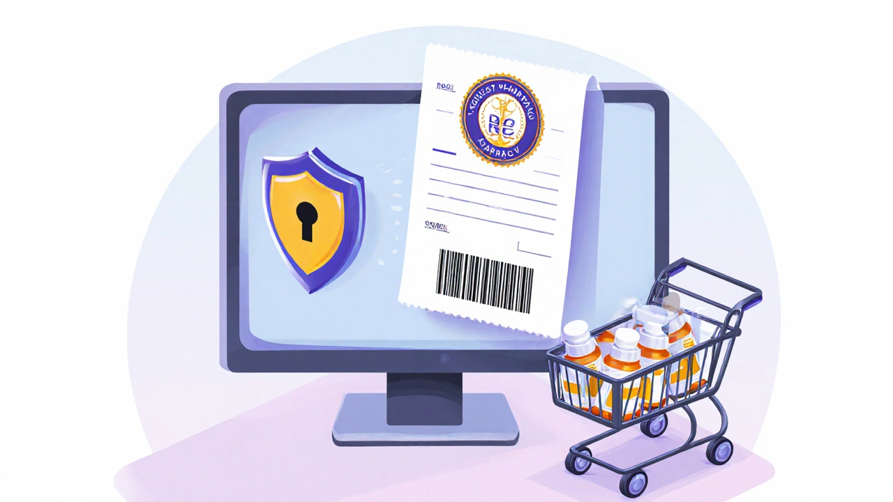 Secure online pharmacy screen with shield icon, digital prescription and generic pill bottles.