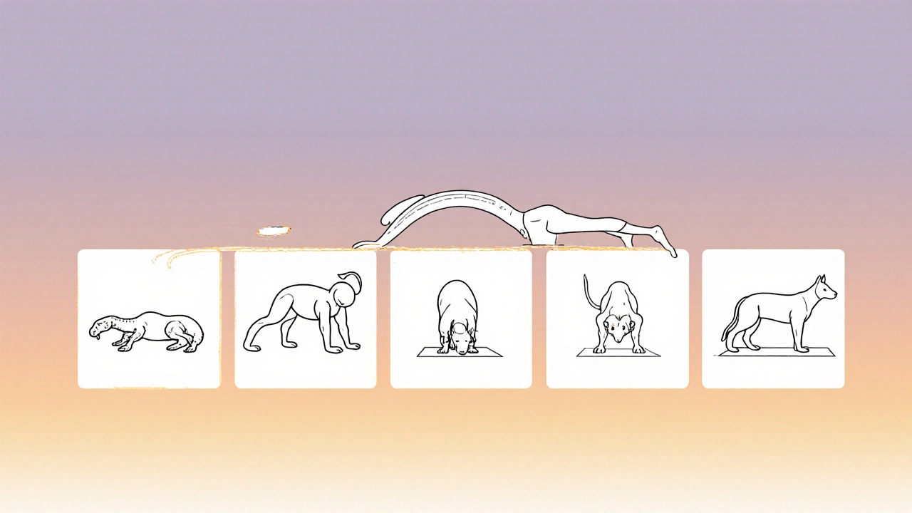 Series of chest‑opening yoga poses from Cobra to Downward Dog in line‑art style.