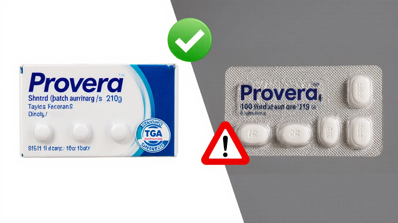 Side-by-side comparison of genuine and fake Provera packaging highlighting safety marks.