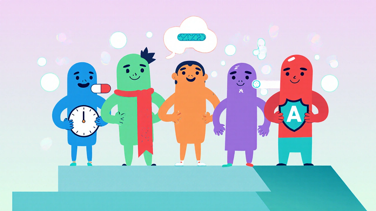 Six cartoon characters represent different beta‑blockers, each with distinct visual cues.