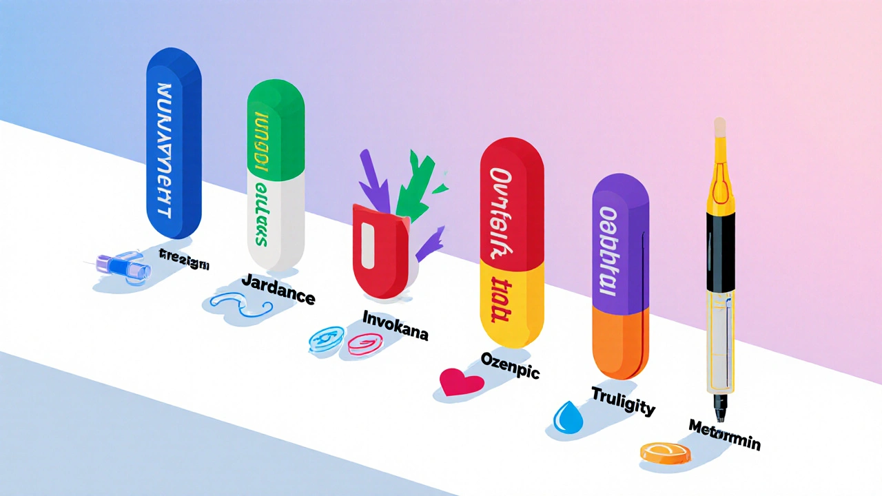 Six diabetes drug icons lined up with weight, heart, and kidney symbols beside each.