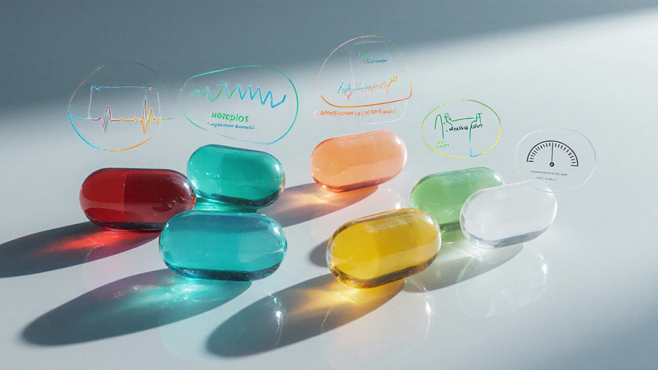 Six pill capsules with visual cues for QT risk and weight gain arranged on a surface.