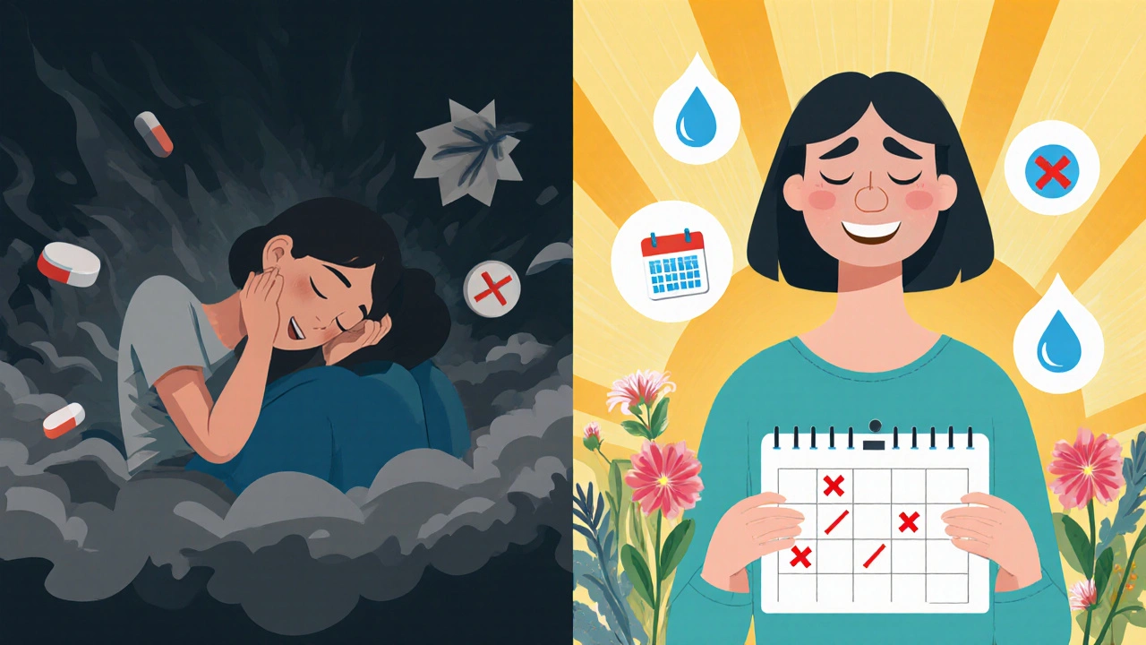 Split scene: woman in pain vs. woman thriving, with migraine symbols fading and pills floating nearby.