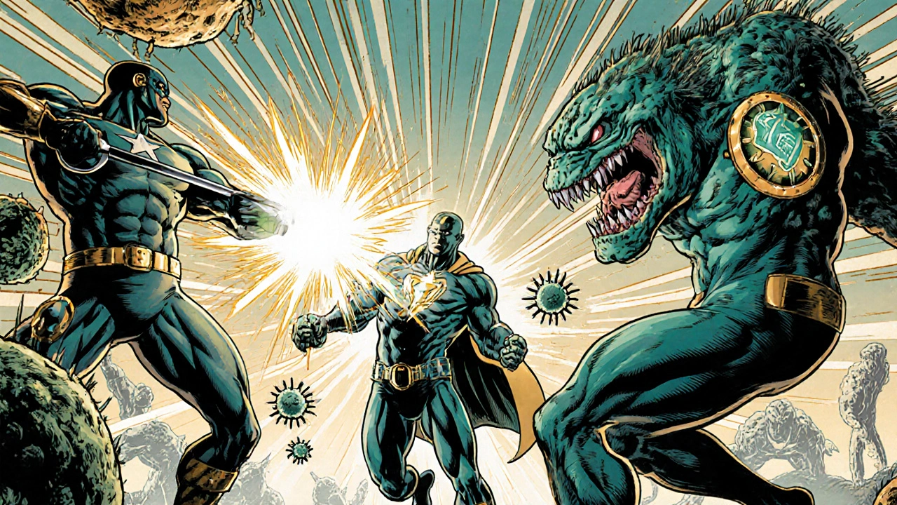 Superhero team battles melanoma cells using surgery, immunotherapy, and targeted therapy.