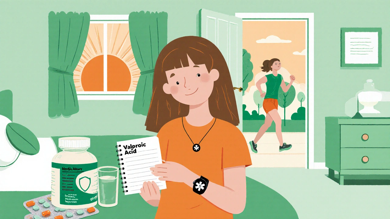 Teen with medical bracelet, seizure diary, medication, and healthy lifestyle activities.
