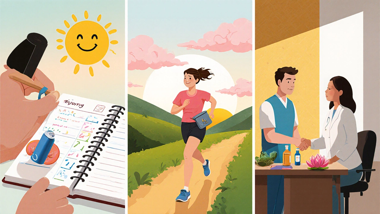 Three panels showing mood diary, exercise, and doctor consultation with inhaler.