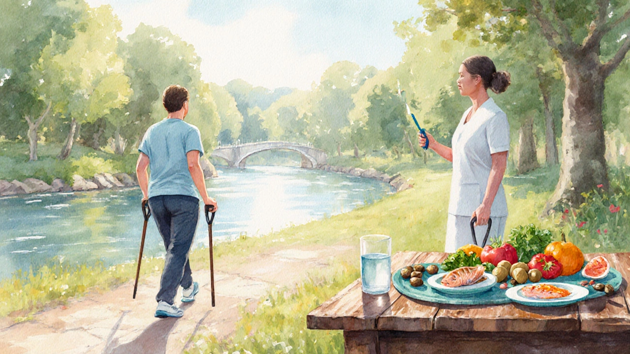 Watercolor of patient walking with therapist and healthy Mediterranean meal.
