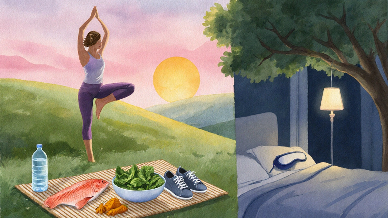 Yoga on a hill at sunrise beside walking shoes, healthy foods, and a sleep mask, representing wellness strategies.