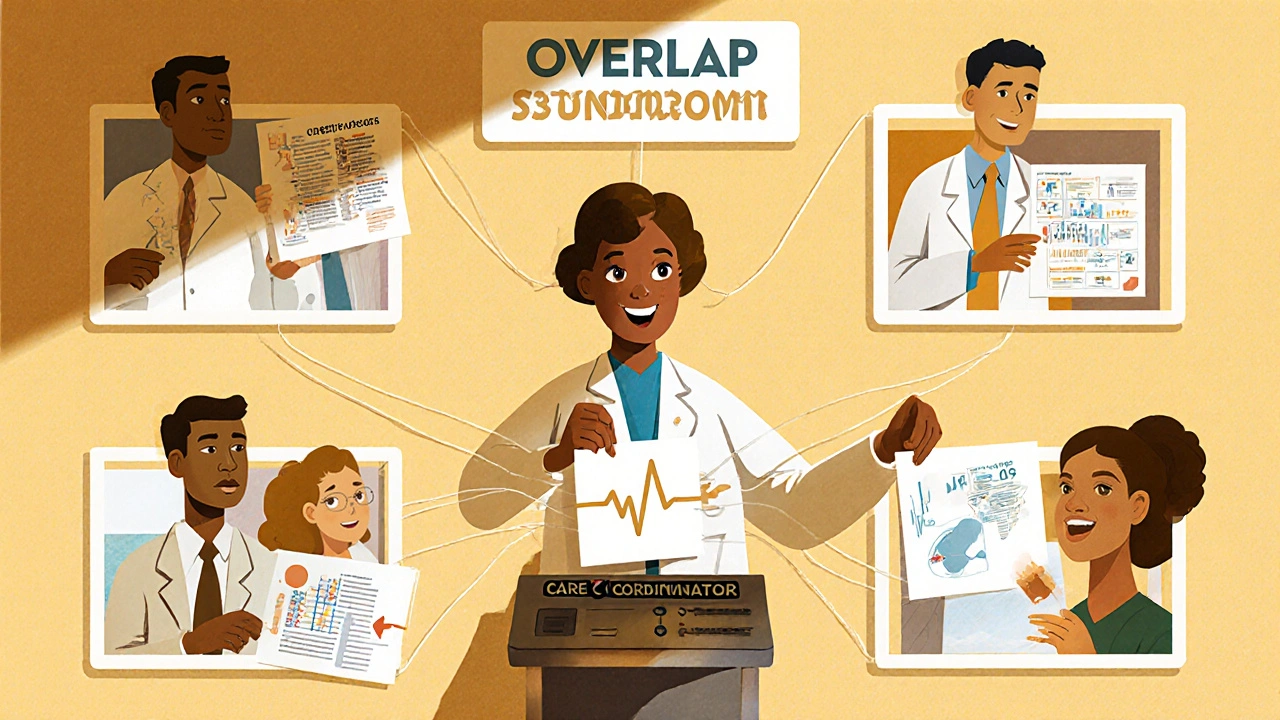 A care coordinator coordinating multiple specialists to unify a patient’s treatment plan.