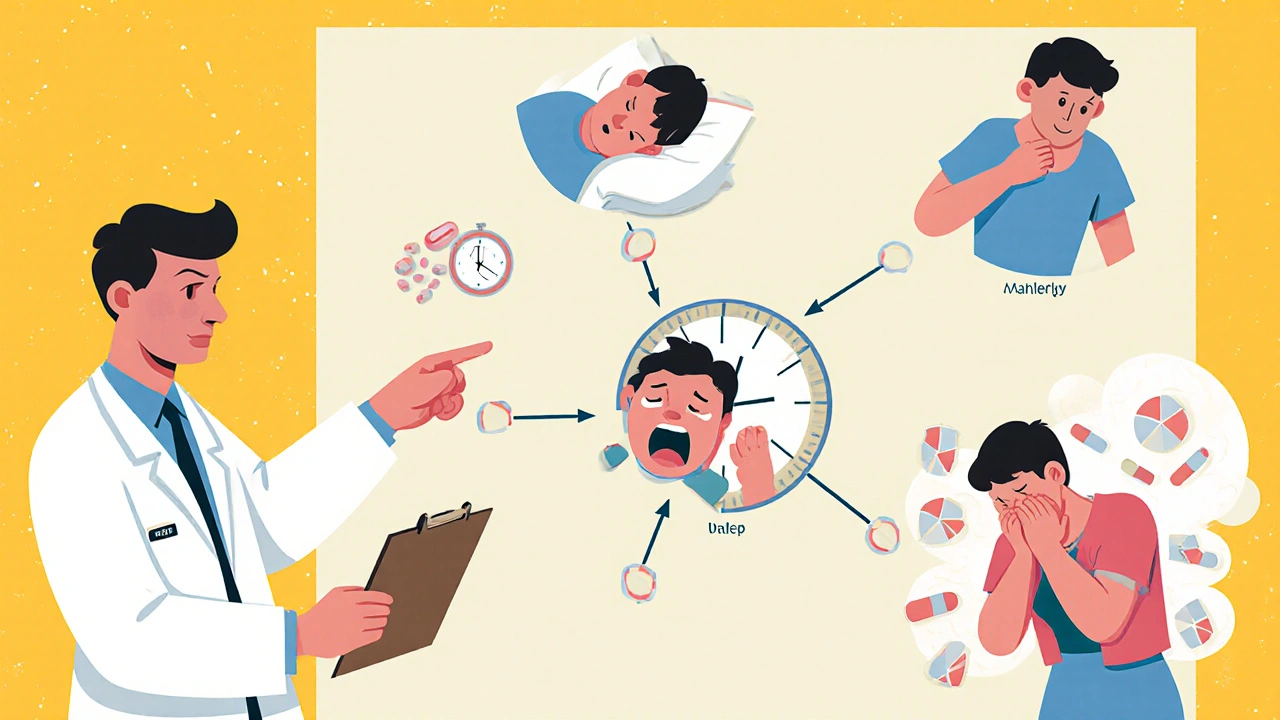 A doctor and patient examining a flowchart showing three types of drug reactions in simplified cartoon style.