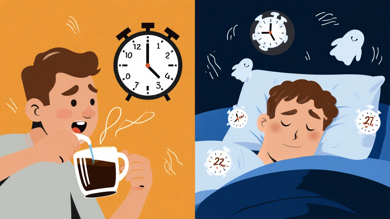 A man pours coffee at 2:12 PM while his sleeping self is haunted by lingering caffeine levels.