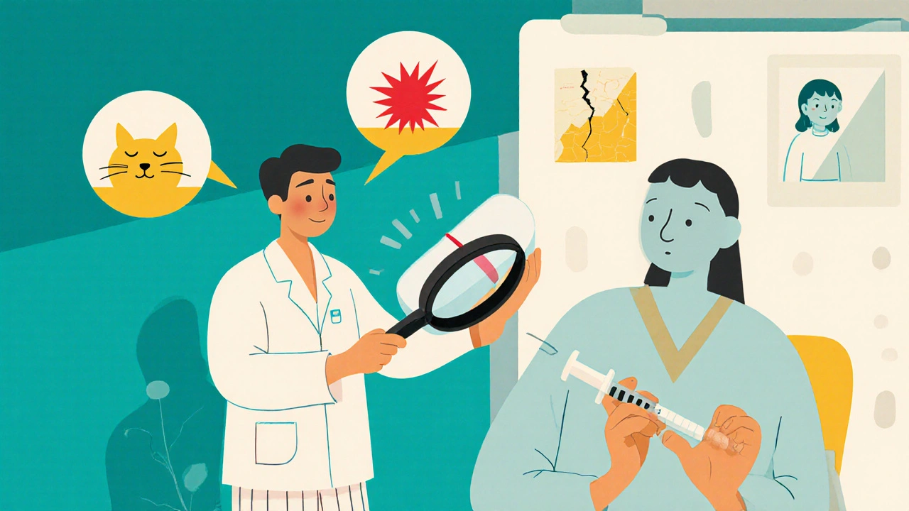 A patient using a magnifying glass on a penicillin pill with symbolic icons of drug reactions floating nearby.