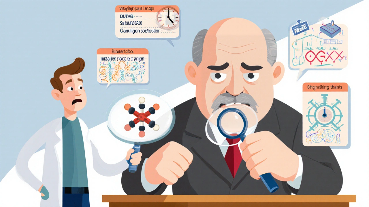 A scientist facing a stern FDA judge with floating failed test panels in vintage cartoon style.