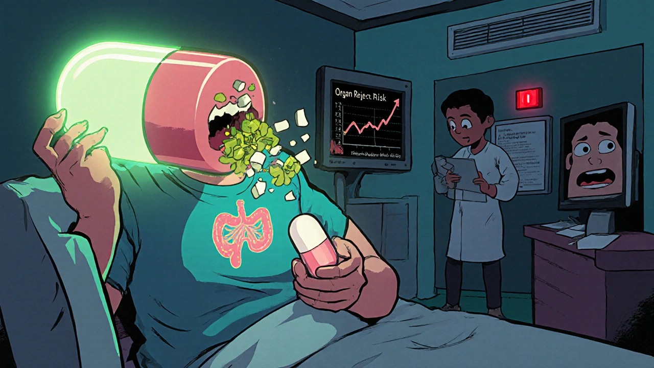 A transplant patient’s medication is destroyed by a St. John’s Wort wrecking ball, triggering an organ rejection alarm.