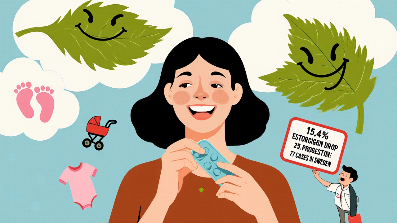 A woman taking birth control is surrounded by pregnancy symbols as giant St. John’s Wort leaves loom over her.